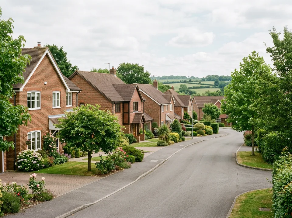 Modern family homes and green gardens in a residential Ashford neighbourhood