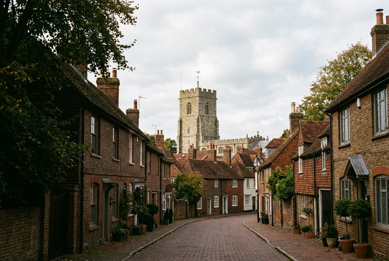 Ashford, Kent, residential rooftops and the historic St Mary the Virgin church tower