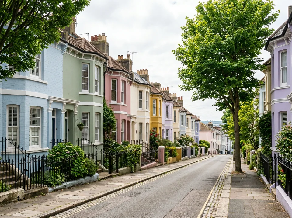 Pastel Victorian terraced homes on a residential Brighton street