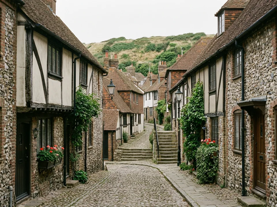 Traditional cottages along a quiet lane in Hastings Old Town
