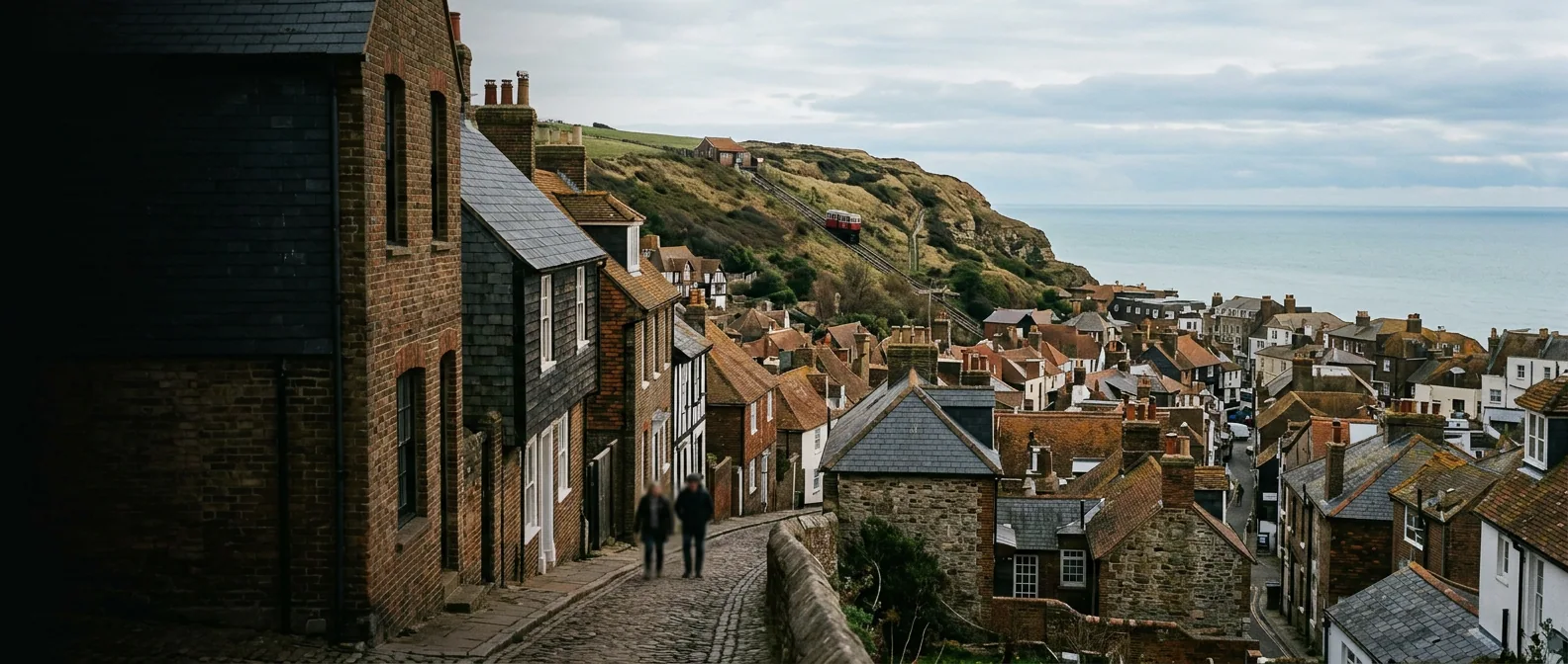 Historic Hastings Old Town rooftops beneath East Hill and the coast