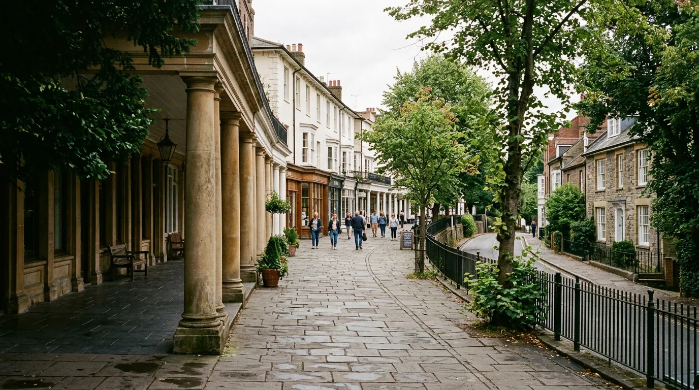 Georgian colonnade and historic buildings at the Pantiles in Royal Tunbridge Wells